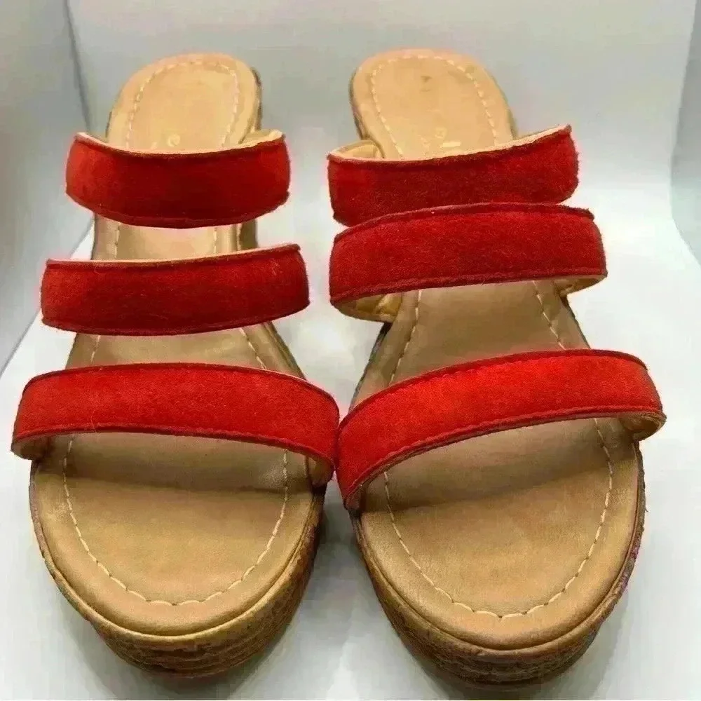 Mariella Beige Slide Wedge‎ Platform Red Straps Women Size 9 SKU #4590